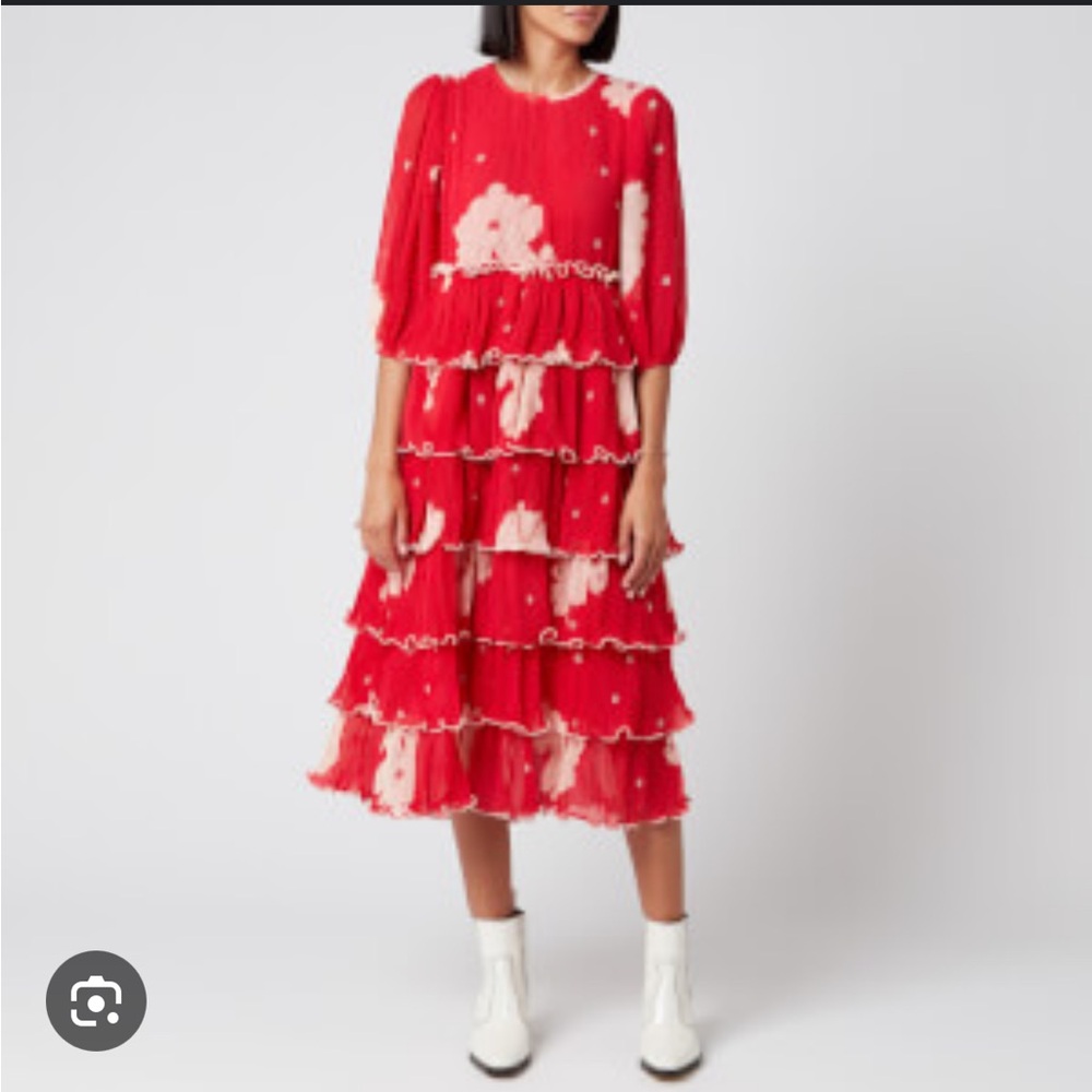 Ganni Red and Cream Tiered Floral Dress